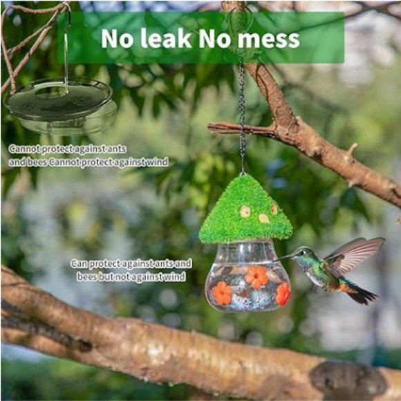 Hummingbird Feeder w/ Green Thatched Roof Style + 3 Red Petal Spouts - Picture 4 of 11